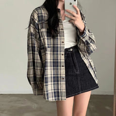 Vintage Plaid Print Loose Long Sleeve Blouse