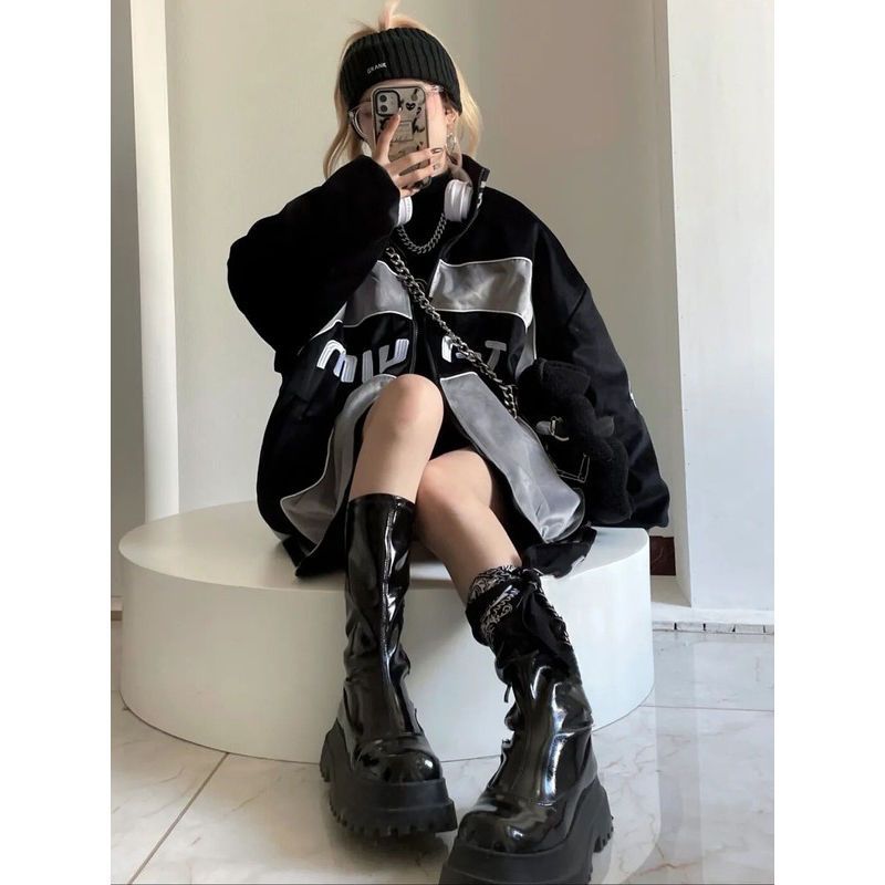 Contrasting Oversize Vintage Moto Jacket - fairypeony