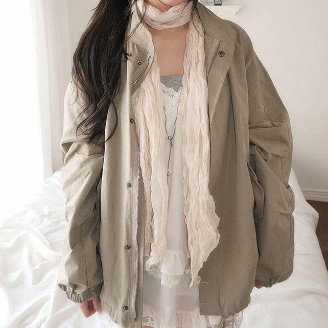 Drawstring Stand Collar Loose Jacket – Windproof Korean Cotton Coat in Khaki