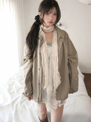 Drawstring Stand Collar Loose Jacket – Windproof Korean Cotton Coat in Khaki