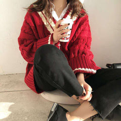 Contrast Color V Neck Cable Knit Sweater - fairypeony