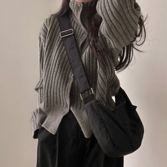 Solid Color Striped Button Front Cardigan - fairypeony