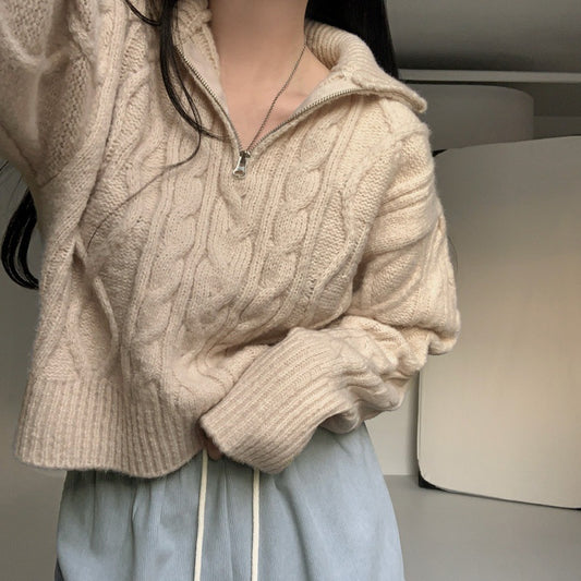 Half Zip Up Turtle Neck Cable Knit Sweater