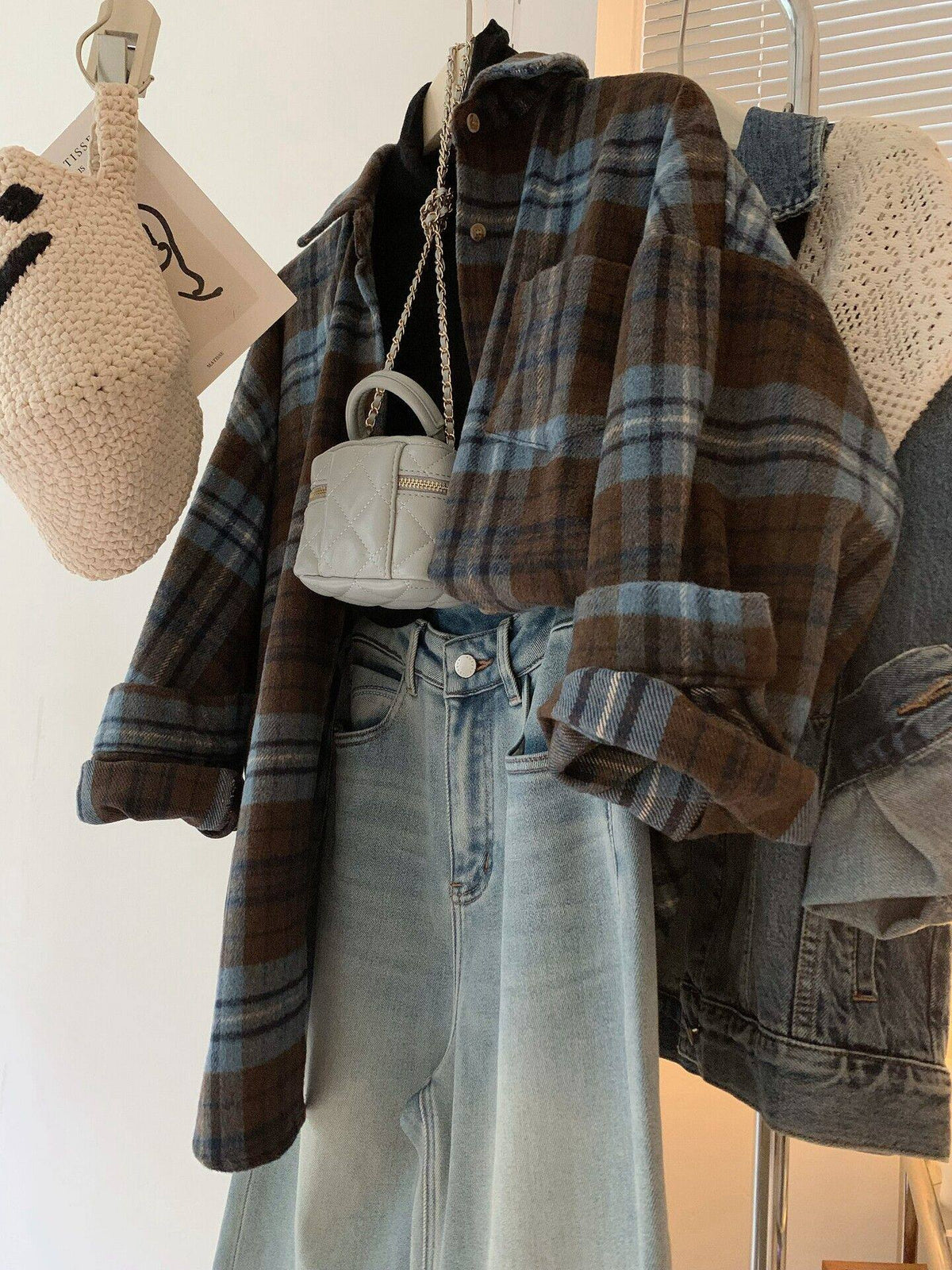 Retro Plaid Shirt Jacket Loose Oversized Outerwear