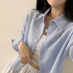Solid Color Striped Long Sleeve Blouse