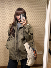 Retro Loose Stand Collar Jacket – 95% Cotton Work Jacket in Brown Green