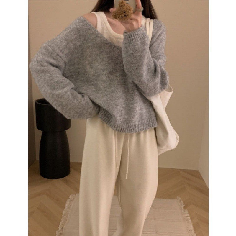 Two-Piece Cold-Shoulder Knitted Sweater Set – Thick Alpaca Loose Pullover with Tank Top - fairypeony