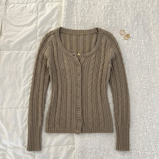 2000s Twist-Knit Button Cardigan – Slim U-Neck Cable Knit in Khaki S–L