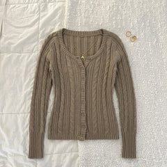 2000s Twist-Knit Button Cardigan – Slim U-Neck Cable Knit in Khaki S–L
