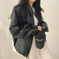 Chic Lapel Double Pocket Leather Jacket