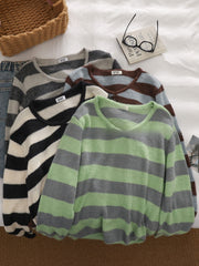 Korean version V-neck color-block striped loose knit sweater