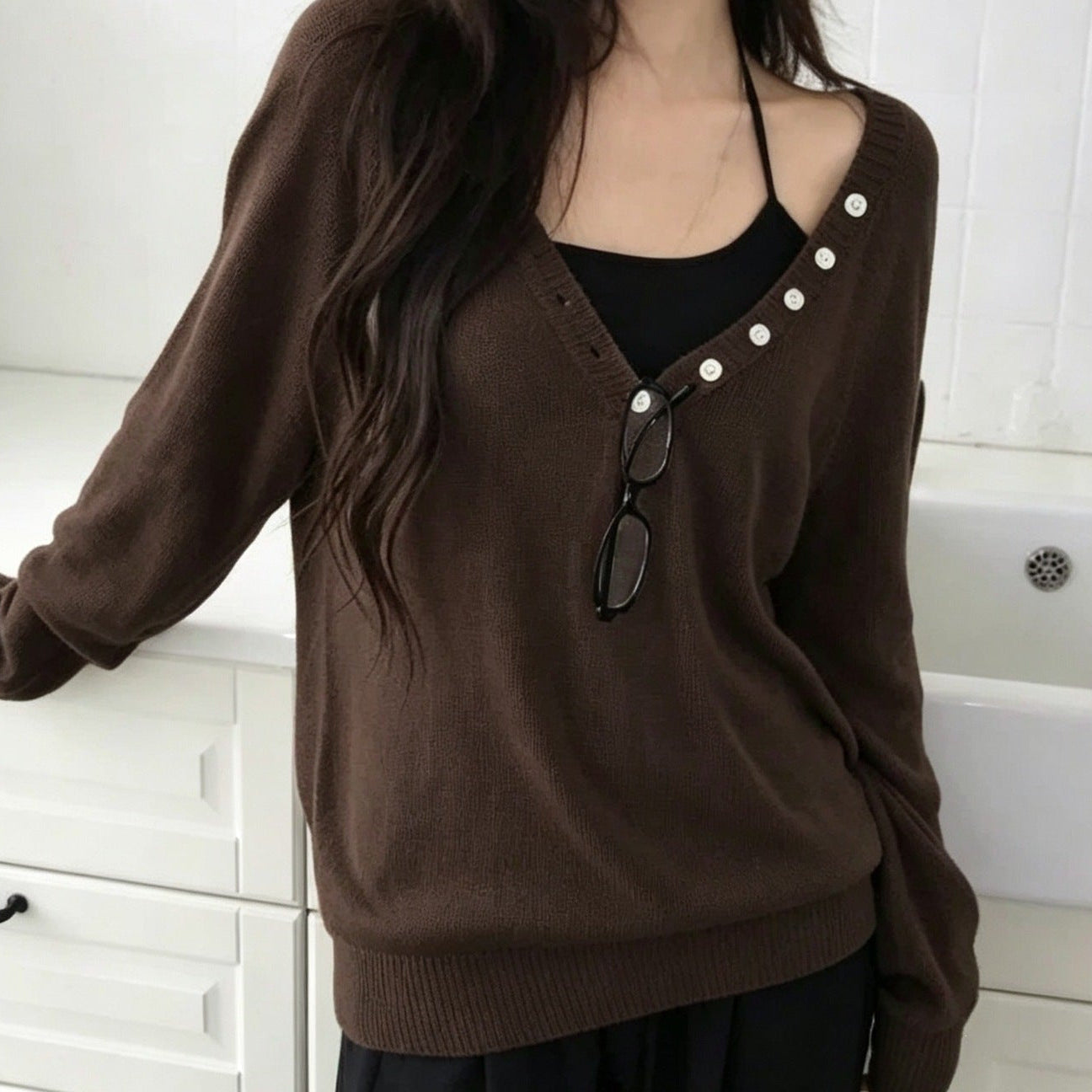 V-neck button knit top in Brown