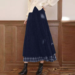 Woolen Corduroy Patchwork Plaid High-Waist A-Line Long Skirt Dress