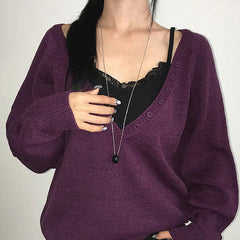 V-neck button knitted cardigan in purple, relaxed fit