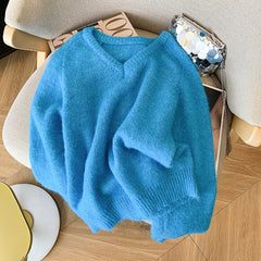 Elegant Solid Color V-Neck Soft Pullover Sweater for Women