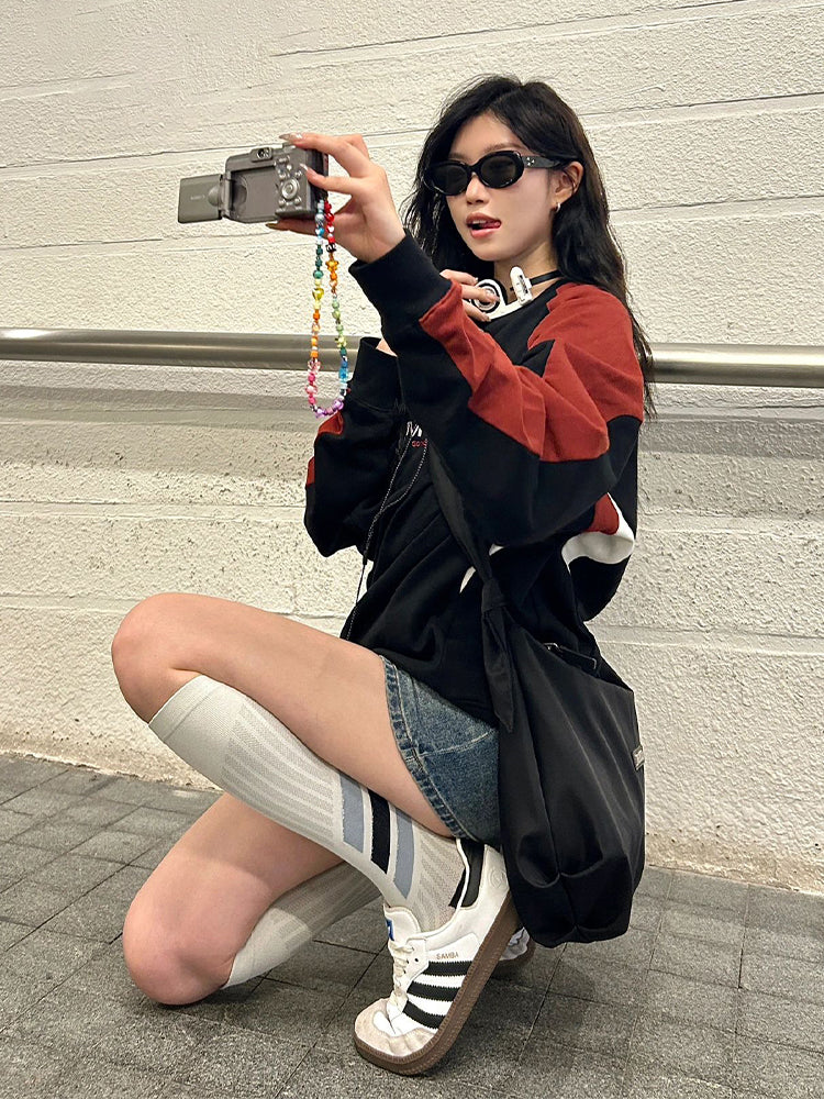 Embroidery Letter Contrast Color Raglan Sweatshirt - fairypeony