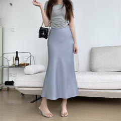 Solid Color Flared Satin Maxi Skirt