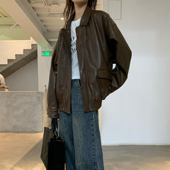 Solid Color Lapel Neck Leather Jacket - fairypeony