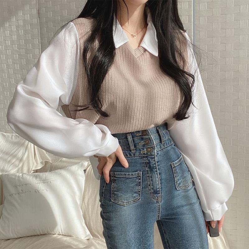 Polo Collar Patchwork Long Sleeve Blouse