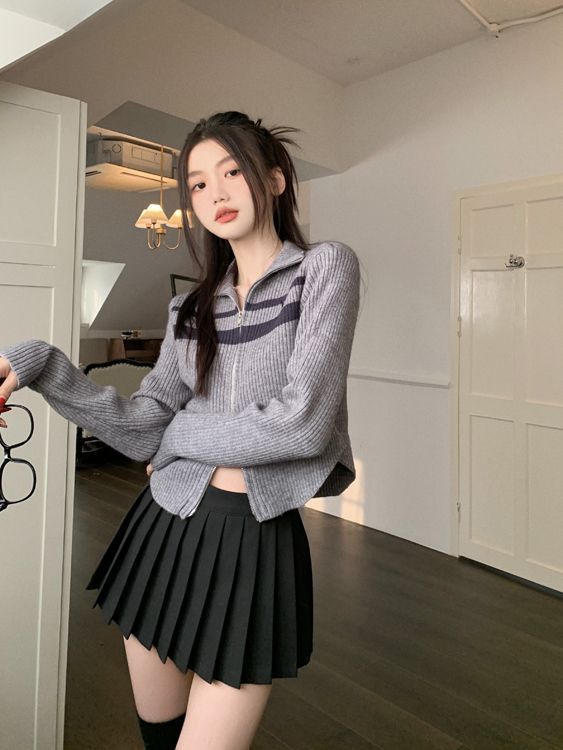 Vintage Striped Zip Up Cropped Cardigan - fairypeony