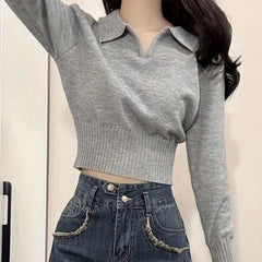 Solid Color Polo Collar Long Sleeve Knitted Tee