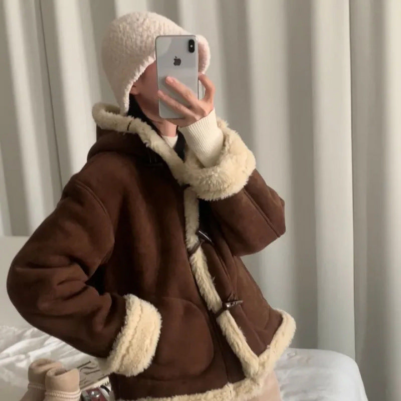 Thickened Hooded Horn Button Fur Outwear