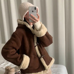 Thickened Hooded Horn Button Fur Outwear
