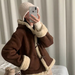 Thickened Hooded Horn Button Fur Outwear