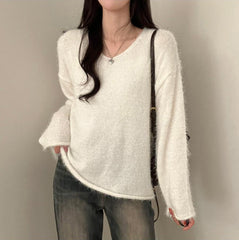 Solid Color V-Neck Fuzzy Sweater