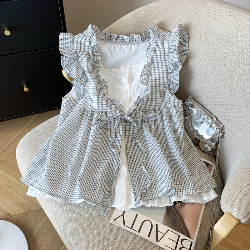 Aesthetic Ruffled V-Neck Fake Two Piece Blouse - fairypeony