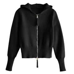 Solid Color Zip Up Waist  Trimming Hooded Cardigan