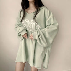 Letter Print Oversized Hooded Long Sleeve Tee - fairypeony