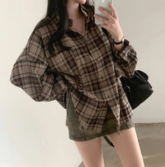 Vintage Plaid Print Loose Long Sleeve Blouse