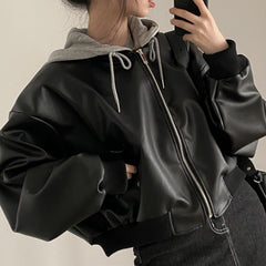 Fake Two-piece Pu Leather Hooded Jacket