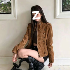 Suede Stand-Up Collar Short Jacket – Loose Fit Coat with Metal Buttons