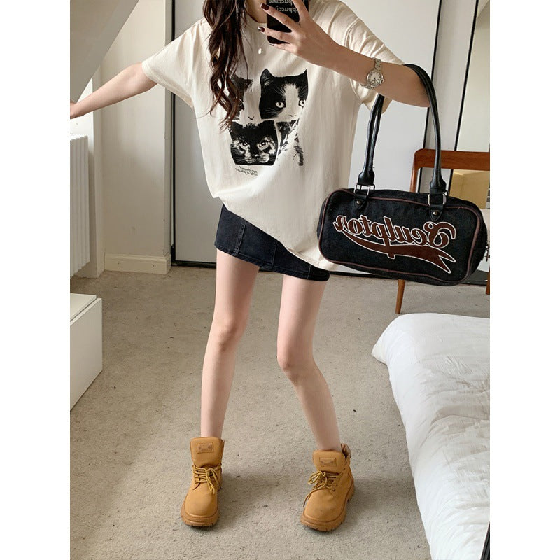 Casual cat Print Short Sleeves Oversized Tee - fairypeony