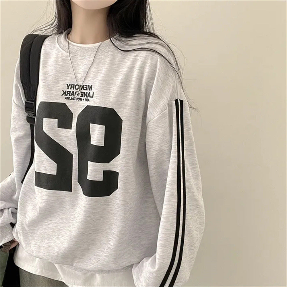 Vintage Number Print Striped Sleeve Sweatshirt - fairypeony