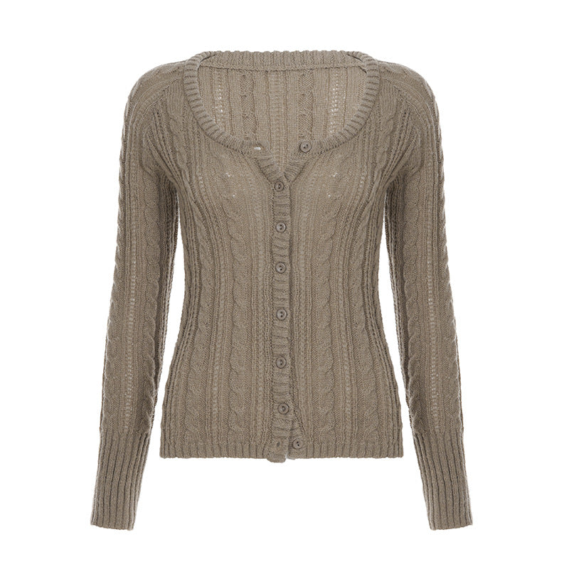 Twist-Knit Button Cardigan with U-Neck