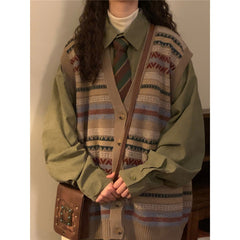 Preppy Print Oversized V-Neck Knitted Vest