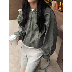 Vintage Plaid Long Sleeve Hooded Zip Crop Top Blouse
