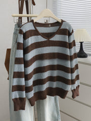 Korean version V-neck color-block striped loose knit sweater
