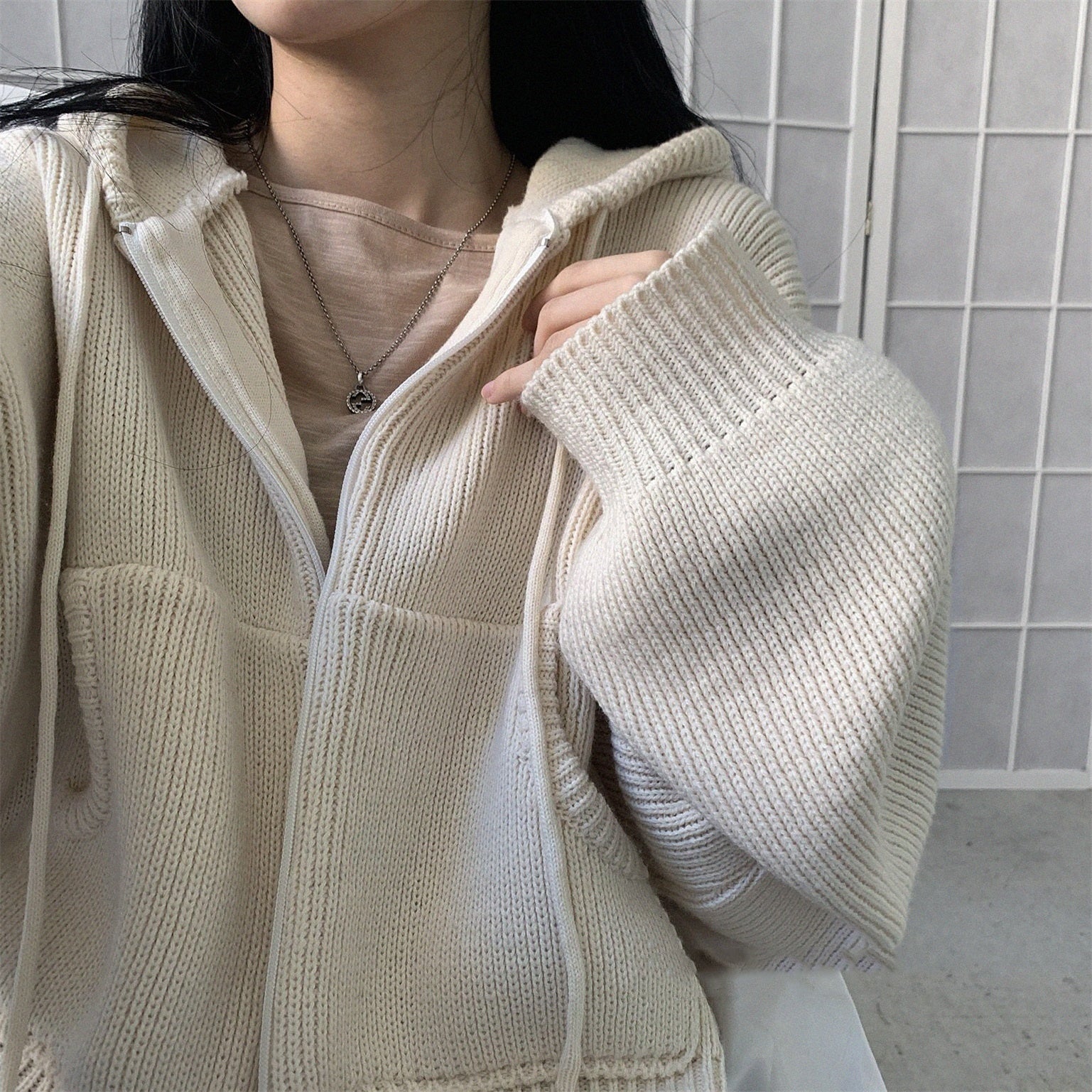 Solid Color Oversized Hooded Zip Up Cardigan
