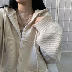 Solid Color Oversized Hooded Zip Up Cardigan