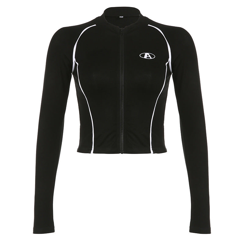 Line Patchwork Zip Up Slim Long Sleeve Tee - fairypeony