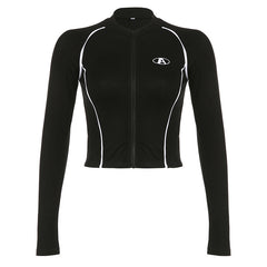 Line Patchwork Zip Up Slim Long Sleeve Tee - fairypeony