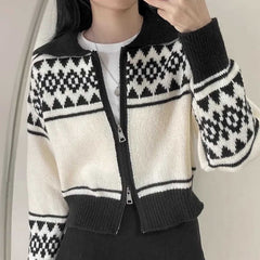 Vintage Jacquard Print Zip Up Cardgan - fairypeony