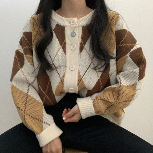 Vintage Argyle Print Oversized Cardigan