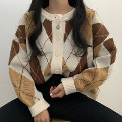 Vintage Argyle Print Oversized Cardigan