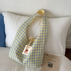 Double-Sided Plaid Canvas Tote Bag