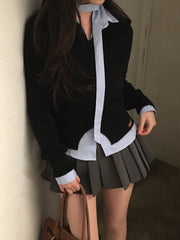 Round Neck Solid Color Rib Long Sleeve Cardigan